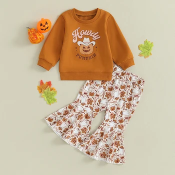 Наряды для маленьких девочек на Хэллоуин, толстовка с длинными рукавами и расклешенными штанами с принтом Тыквы, комплект милой одежды