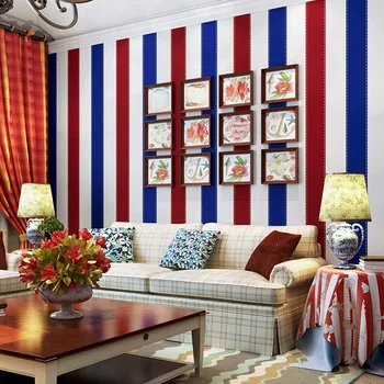 Обои в европейском и американском стиле, европейский стиль, ретро, спальня для мальчиков, красные и синие вертикальные полосы, обои в британском стиле