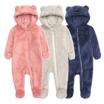 Одежда для малышей 0-12 м, Зимний повседневный комбинезон с медведем для новорожденных мальчиков и девочек, длинный рукав с капюшоном, Бархатный теплый детский наряд