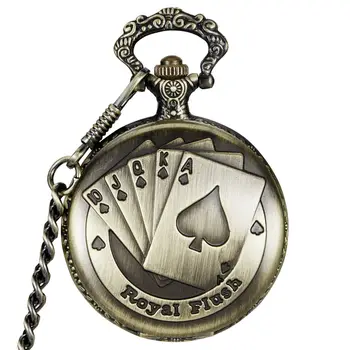 Антикварные бронзовые Механические карманные часы Royal Flush Poker Женское ожерелье Цепочка Rterofob часы подарки