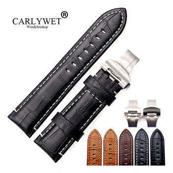 CARLYWET 22-24 мм Винтажный Черно-коричневый ремешок Для часов Из натуральной телячьей кожи Крокодилового цвета с Толстым Ремешком Серебристо-черная Застежка