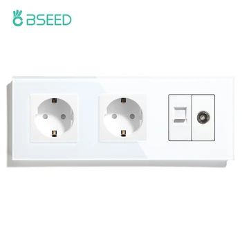 Розетка стандарта ЕС BSEED, Двухкамерная Настенная стеклянная Розетка с кабелем Ethernet, Мультирозетка для телевизора, панель для зарядки, Электрическая розетка