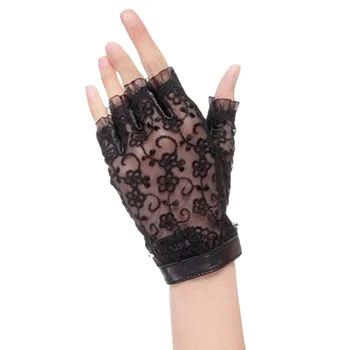 Весенние Солнцезащитные Короткие женские черные Кружевные перчатки из мягкой натуральной овчины на Полпальца, женские перчатки-Варежки