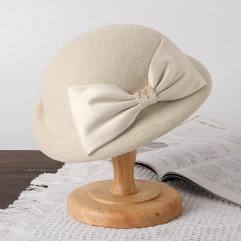 Шерстяная женская шляпа-котелок, зима-осень, теплая фетровая шляпа-клош, аксессуар для церковного праздника на открытом воздухе