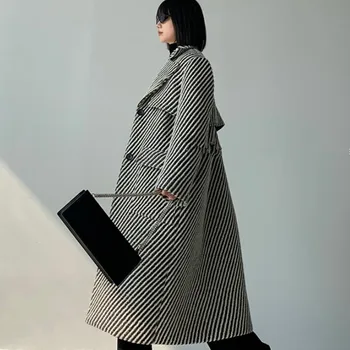 Зимнее Шерстяное пальто в клетку X-Long в английском стиле, Женская Свободная Верхняя Одежда из смесовой шерсти