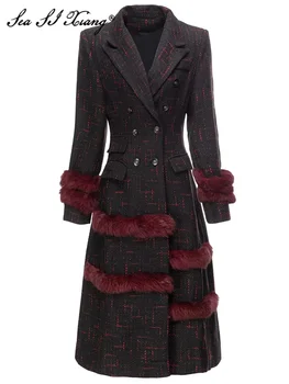 Seasixiang/ Модное дизайнерское Осенне-зимнее пальто из смесовой ткани, женское пальто с длинными рукавами и карманами, Двубортная винтажная верхняя одежда