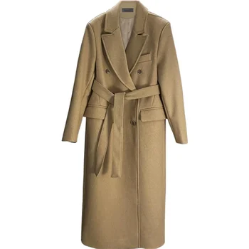Двубортный костюм, прямое шерстяное пальто с длинными рукавами, женское новое осенне-зимнее длинное пальто с поясом