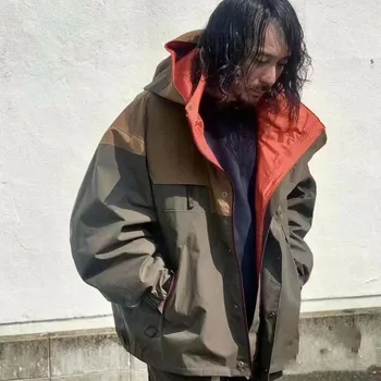 23SS KOLOR Abe Runyi, двухцветное японское контрастное водонепроницаемое пальто в стиле пэчворк, Мужская Свободная куртка с капюшоном и длинными рукавами