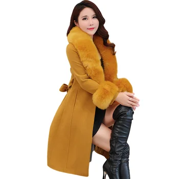 2018 Новое зимнее шерстяное пальто Большого размера, корейская версия длинной секции из тонкого модного материала с большим меховым воротником, атмосфера