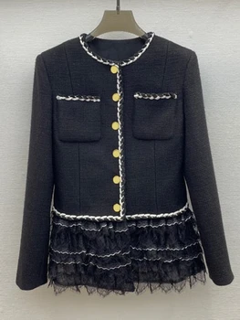 Осенняя куртка, Женская одежда, Однобортное пальто с круглым вырезом, Женская корейская элегантная Женская черная кружевная Твидовая куртка в стиле пэчворк