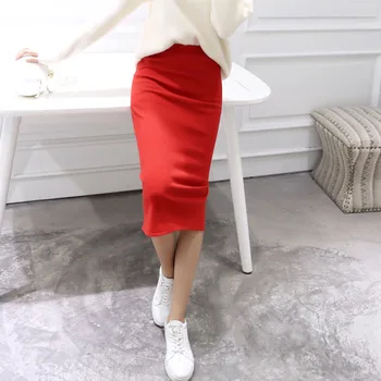 Осенне-весенняя облегающая юбка Женская эластичная юбка с разрезом до середины икры, тонкие юбки-карандаш для женщин, женская трикотажная юбка