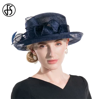 FS 2023, Солнцезащитные шляпы Для Женщин, Темно-Синяя Кепка-дерби с пером, Женская Свадебная Кепка, Элегантные фетровые шляпы в стиле Ретро, Женские