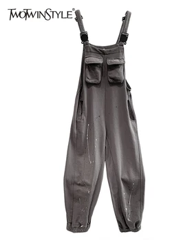 TWOTWINSTYLE Винтажные комбинезоны для женщин, квадратный воротник, без рукавов, высокая талия, карманы в стиле пэчворк, однотонные широкие брюки, Женский стиль