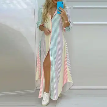Женское Длинное платье-рубашка с принтом в стиле Бохо, Летнее Вечернее платье с отложным воротником и длинным рукавом, Женские Повседневные вечерние платья Макси, Vestidos