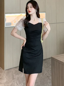 Черное мини-платье в стиле пэчворк с пайетками и сеткой, короткий рукав, Женское Корейское Винтажное платье Хепберн 2023, Летнее Элегантное облегающее вечернее платье