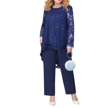 Женская одежда больших Размеров, Кружевная блузка с длинным рукавом, Широкие брюки, Свободные наряды из двух частей, 2022, Комплекты из 2 предметов, женская одежда