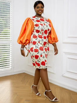 Оранжевые платья-футляры с цветочным принтом в стиле пэчворк Для женщин, облегающие платья длиной до колен, Африканские женские наряды для празднования Дня рождения