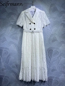 Seifrmann Высококачественное летнее женское Модное дизайнерское Длинное платье с коротким рукавом, Однобортное с поясом, открытые белые платья