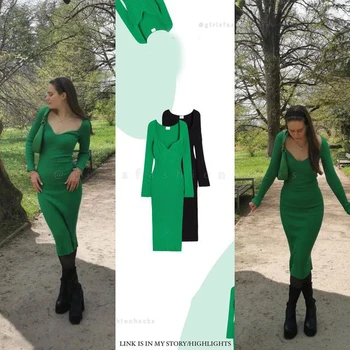 2023 Новое Осенне-зимнее Черно-Зеленое Облегающее Повседневное Трикотажное платье Средней длины с Длинным рукавом и V-образным вырезом, женское Модное
