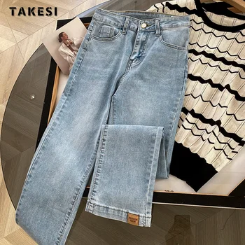 Винтажные лоскутные синие прямые джинсовые брюки с высокой талией в уличном стиле, женские корейские модные широкие мешковатые джинсовые брюки Y2K