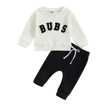 Комплекты штанов из 2 предметов для маленьких мальчиков, топы с длинными рукавами и буквенной вышивкой, комплекты штанов с завязками