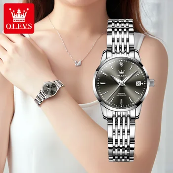 OLEVS, лидирующий бренд, автоматические механические водонепроницаемые женские наручные часы, деловой ремешок из нержавеющей стали, Полностью автоматические часы для дам