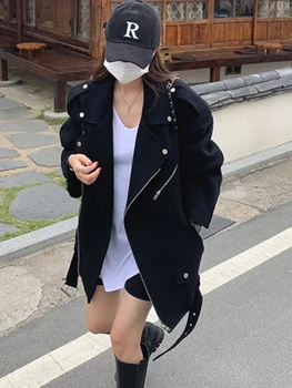 Корейская шикарная осенняя новая корейская версия модного красивого лацкана на молнии-тонкое мотоциклетное шерстяное пальто, верхняя одежда
