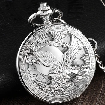 Оригинальные Мужские Винтажные механические карманные часы Skeleton Hollow Sliver Eagle Case, Брелок из нержавеющей Стали, Подарочная коробка с цепочкой