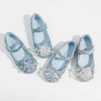 Детская кожаная обувь, блестящие сандалии, украшенные бриллиантами, Туфли Принцессы Эльзы, Лоферы, Аксессуары для платья для девочек, Свадебная школьная обувь