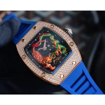 мужские автоматические механические часы с бриллиантом со льдом, черный синий резиновый дракон тигр