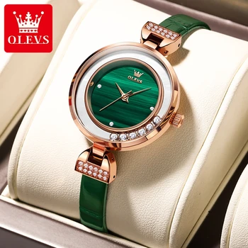 Olevs Оригинальные женские наручные часы Люксового бренда, Водонепроницаемый кожаный ремешок, зеленый циферблат, Элегантные часы для женщин Montre Femme