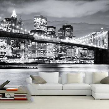 Настенная роспись на заказ Ночной вид На Манхэттенский мост Нью-Йорк Европейские и американские города Черно-белые обои для гостиной