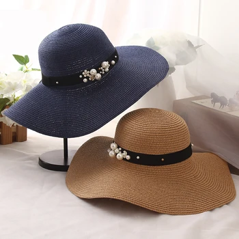 HT1163 Высококачественные Летние Солнцезащитные Шляпы для Женщин, Однотонные Солнцезащитные Шляпы с большими Полями, Черные, Белые Гибкие Шляпы с Жемчугом, Женская Пляжная Шляпа