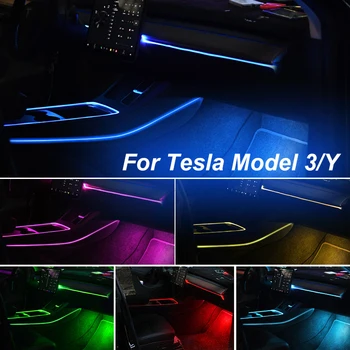 Для Tesla Model 3 Model Y Светодиодные неоновые огни салона автомобиля Центральная консоль Подсветка приборной панели Окружающее освещение Оптоволоконное управление приложением