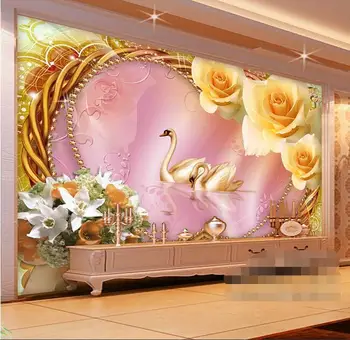 3d обои на заказ фрески нетканые 3d обои для комнаты 3d золотая роза лебедь любовь живопись фрески фото 3d настенные фрески обои