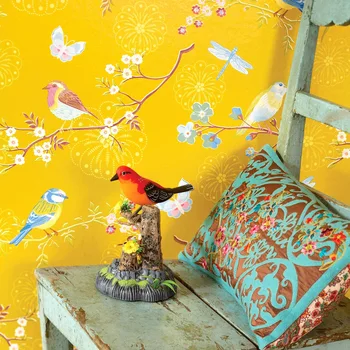 Американские обои с пасторальными цветами и птицами, маленькие свежие цветочные обои сине-желтого цвета, простая современная фоновая стена для гостиной